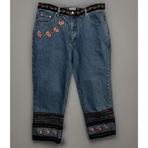 Vtg Paul Harris Denim PHD Blue Jeans Embellished Embroidered Floral Trim -Sz 16